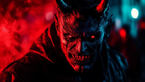 Demonic humanoid portrait with red-blue rim lighting and high contrast
