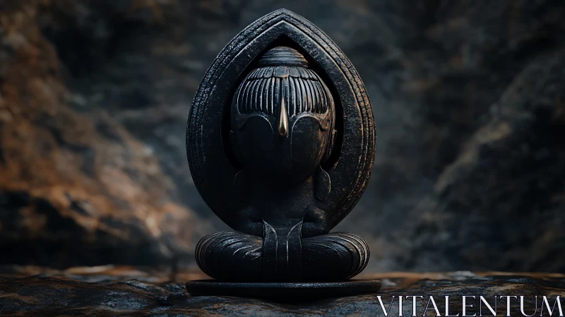 Serene dark stone Buddha statue sits in a meditative glow.