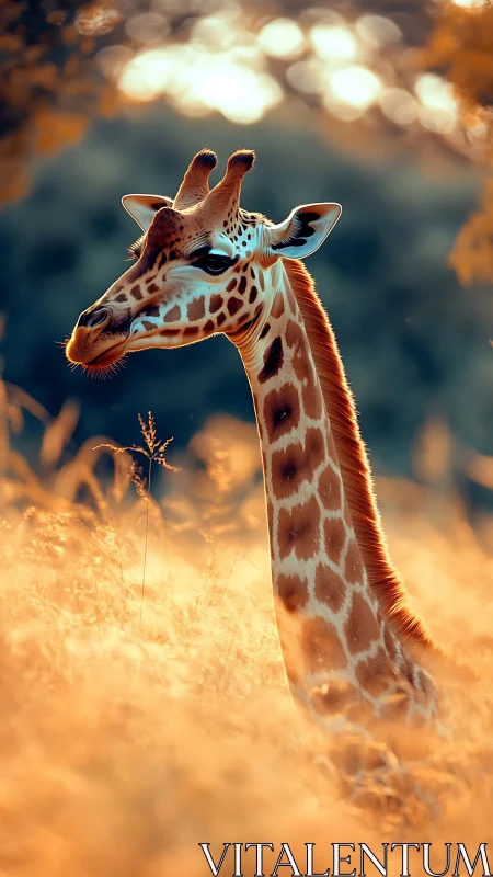 Giraffe portrait bathed in warm backlit savanna bokeh light