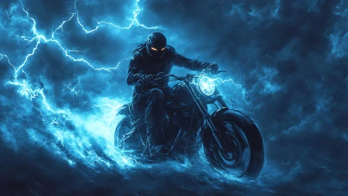 Stormborn rider carves blue lightning through the night sky.