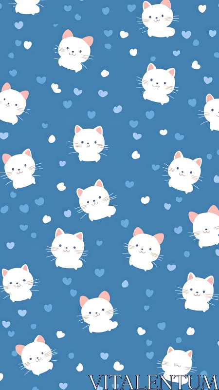 Soft Geometric Feline Pattern: White Cats with Pink Ears on Cerulean Background