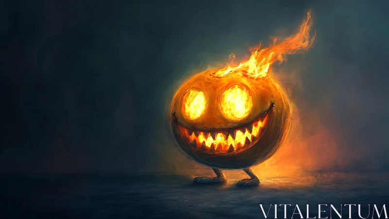 Grinning fireball pumpkin struts through a smoky twilight.