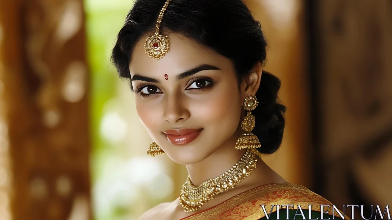 Golden gaze of a jeweled bride in soft temple sunlight.