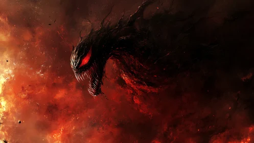 Volumetric infernal wraith emerging from turbulent crimson nebula