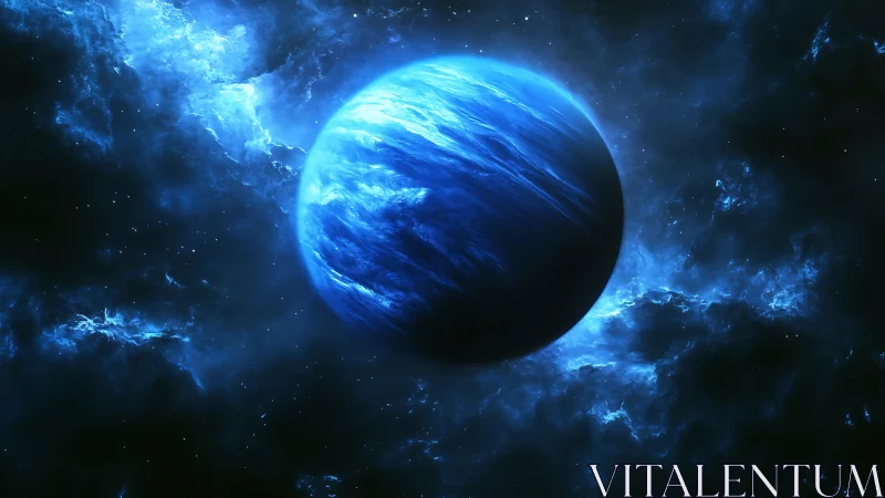 Midnight blue planet drifting through glowing cosmic clouds.