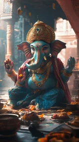 Ganesha idol in ornate temple with vibrant ritual offerings.