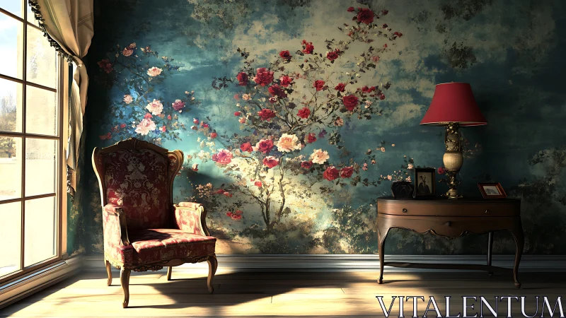 Sunlit vintage corner turns floral wallpaper into theater