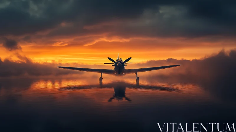 Propeller plane front view over water at vivid sunset.