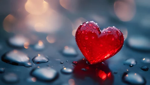 Crimson heart-shaped water droplet glistens with dew on reflective surface.