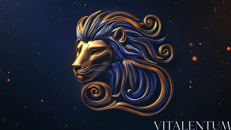 Stylized metallic lion head with flowing abstract mane.
