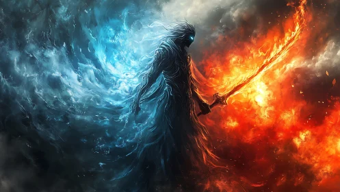 Elemental warrior stands between raging fire and ice storm.