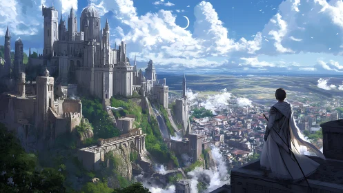 Elevated stone citadel overlooks sprawling valley metropolis at dawn