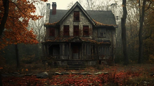 Dilapidated Victorian manor rendered in moody autumnal tones