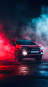 Crimson truck prowls through neon fog on midnight asphalt