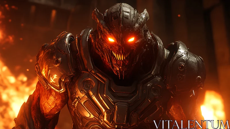 Molten warlord grins through hellfire in burnished armor