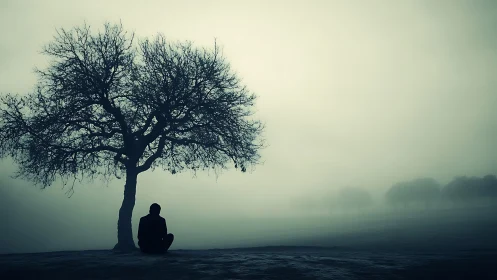 Silhouette of person under bare tree in dense winter fog