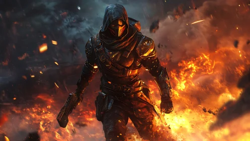 Armored cyber assassin strides through explosive inferno.