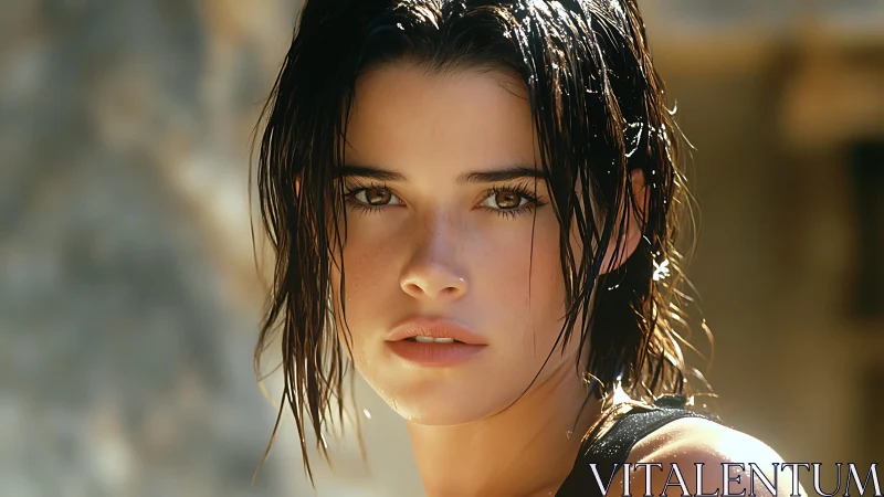 Wet haired person looks directly at camera in soft sunlight