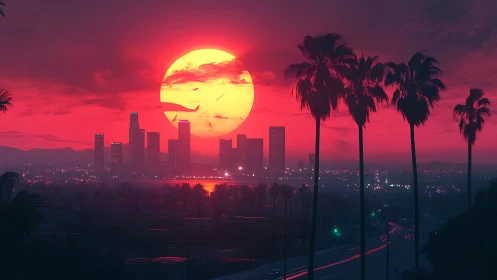 Hyperchromatic coastal skyline under oversized vector sun.