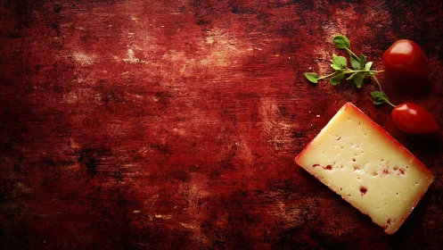Hard cheese wedge with herbs and tomatoes on distressed red board