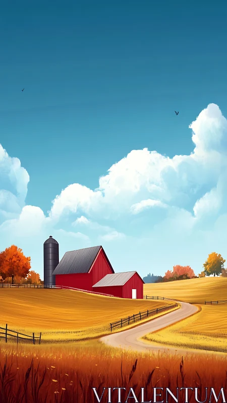 Golden fields and red barn beneath towering autumn clouds.