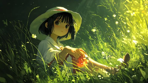 Backlit meadow repose with anime girl under diffuse sunlight.