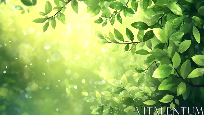 Sunlit green leaves frame soft glowing forest bokeh