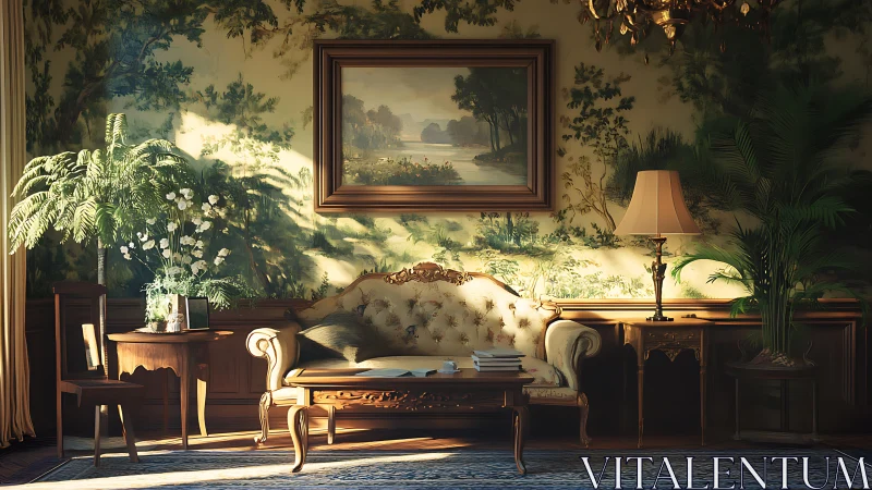 Elegant vintage sitting room with sofa, plants, and art.
