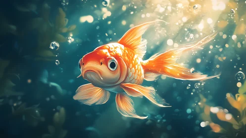 Orange goldfish in illuminated underwater environment.