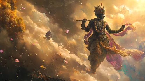 Ornate deity figure traverses sunlit clouds with dynamic volumetric lighting