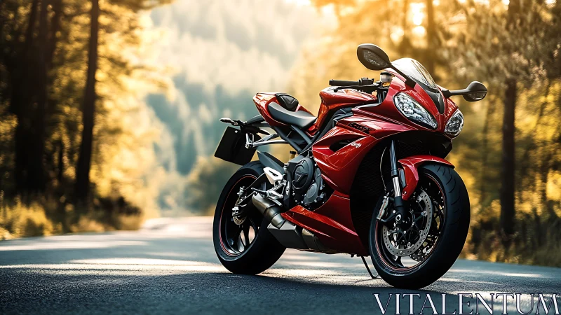 Sunlit red sport motorcycle waiting for an open-road escape.