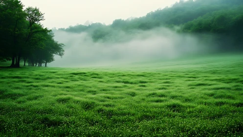 Soft morning mist drifts over a peaceful green meadow