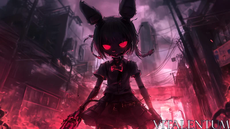 Demonic anime girl strides through a burning cyberpunk ruin