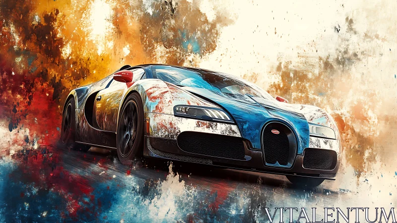 Paint-splashed hypercar charging through molten color storm.