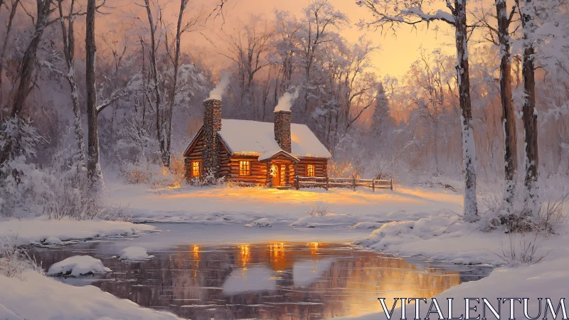 Snowy forest cabin glows warmly beside a frozen winter pond