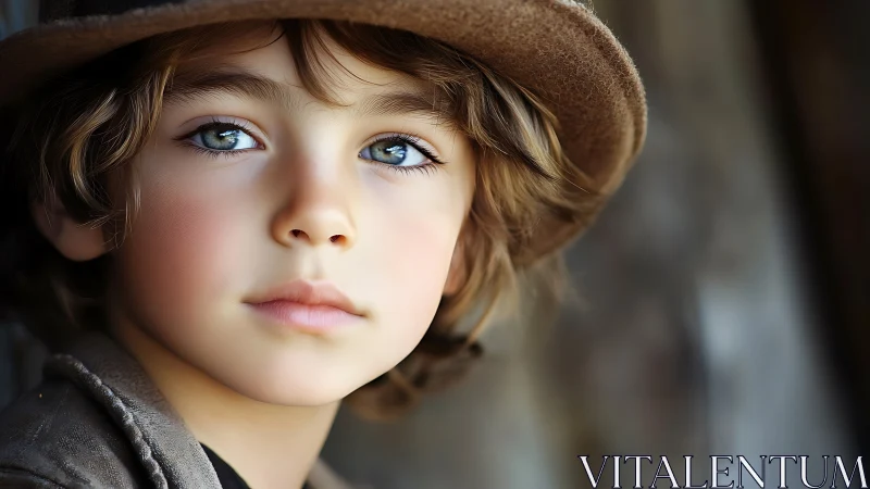 Child in brown hat gazing downward with serene expression.