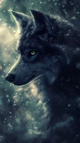 Lone wolf emerges through swirling frost and starlit mist.