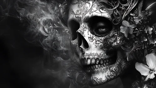 Ornate skull with floral details in monochrome composition.