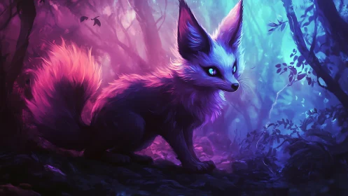 Enchanted neon fox with glowing fur in a dreamy twilight wood.