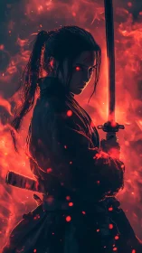 Flaming-eyed samurai warrior framed in infernal glow.
