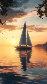Velvet-sky sailboat drifting through molten sunset calm.