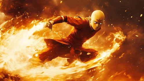 Monk warrior channels blazing elemental ring of fire.