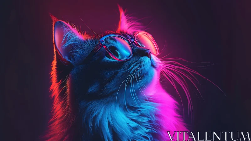 Neon lit cat in sunglasses under vivid colored lights.