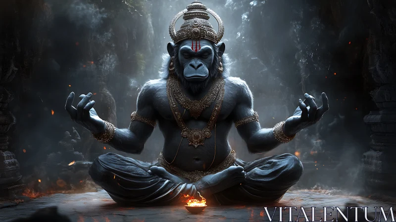 Simian humanoid figure sits cross-legged in a dim cavern