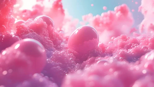 Shiny Pink Bubbles in Dreamy Pastel Foam, Abstract Art Style.