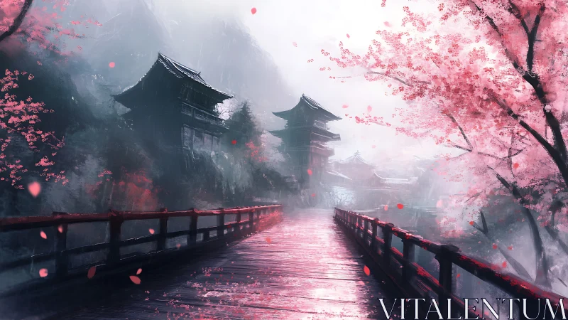 Mist-kissed bridge to crimson temple dreams at dawn.