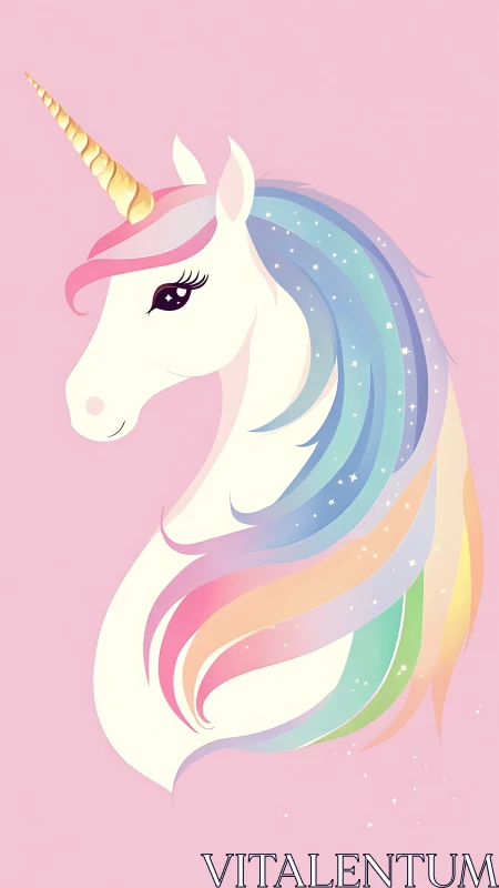Pastel unicorn portrait with flowing rainbow mane on pink