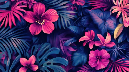 Neon Floral Garden with Pink Blooms and Teal Foliage.