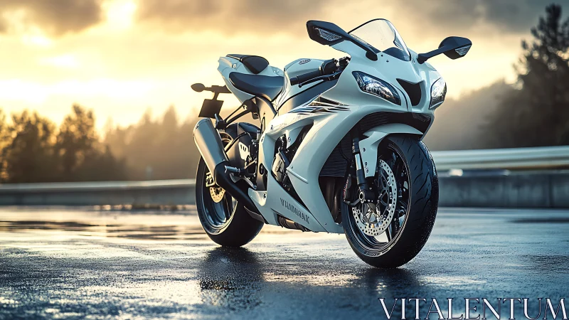 Storm-bright superbike idol under rain-polished sunrise sky.