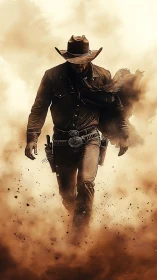Duststorm cowboy strides forward like a walking wildfire